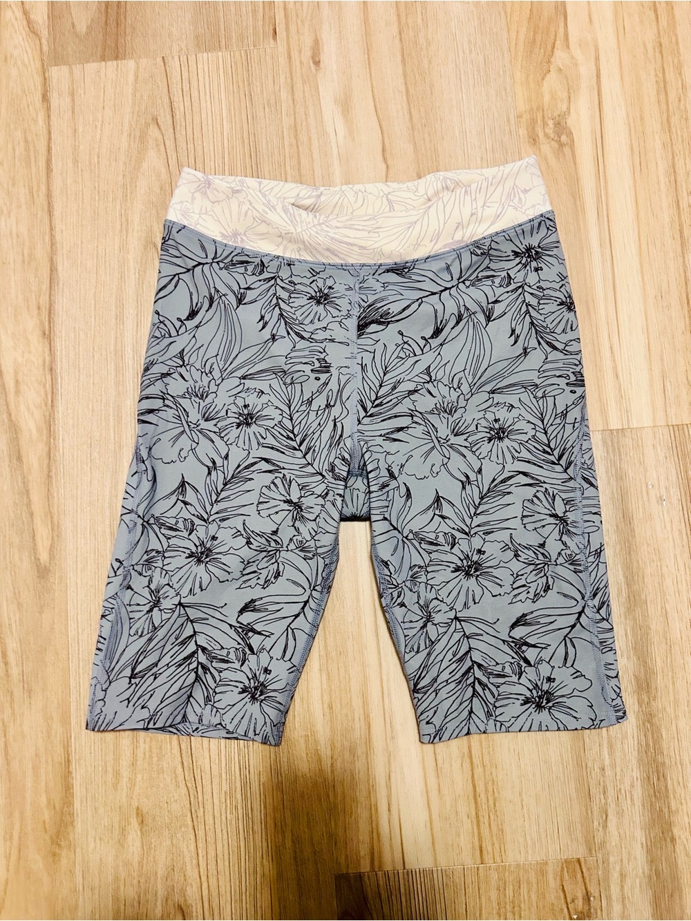 Free People Floral High-Waist Shorts in Slate Blue and Cream